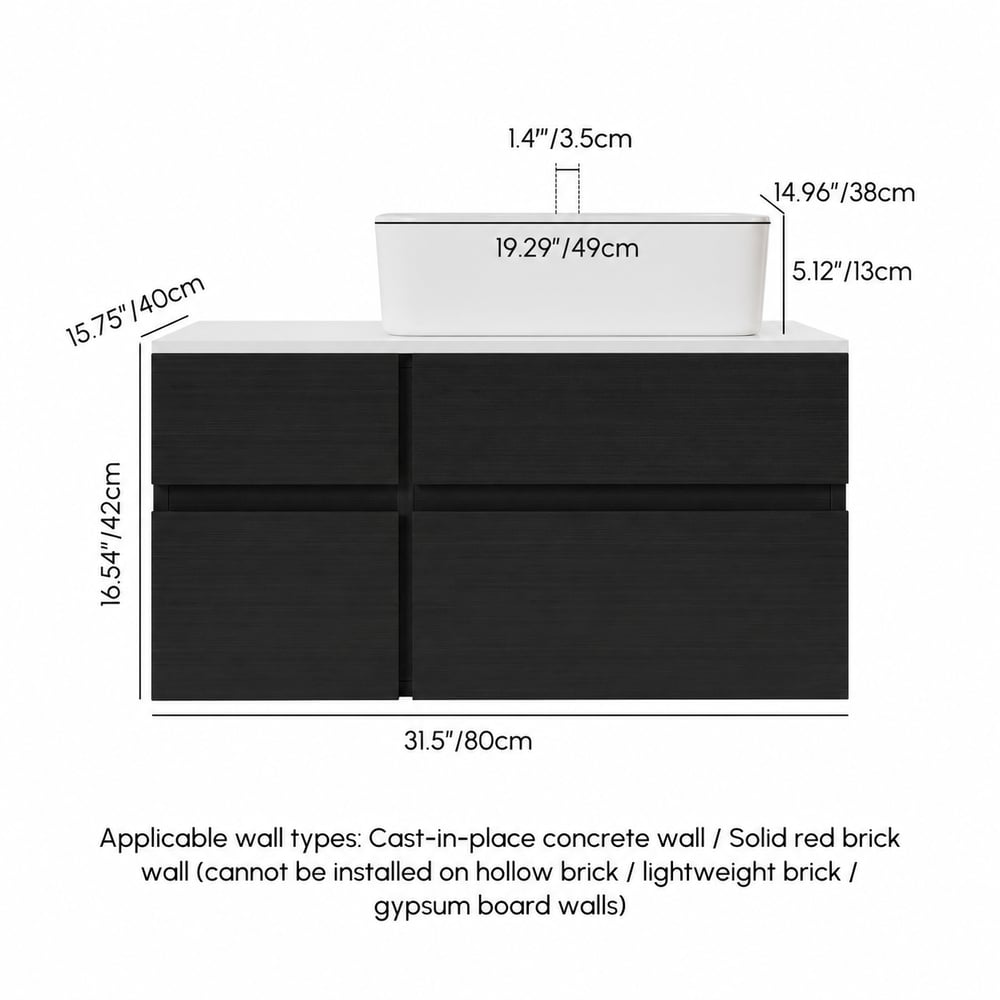 Moderno tocador de baño individual flotante de 80 cm con encimera de resina de piedra, lavabo de cerámica pesos dimensiones imagen