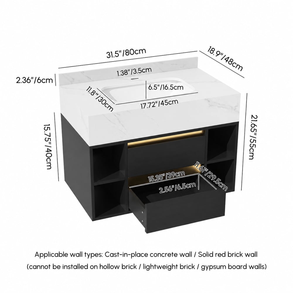 Modern 80 cm Floating Single Bathroom Vanity with Sink in Black, Sintered Stone Top weights dimensions image