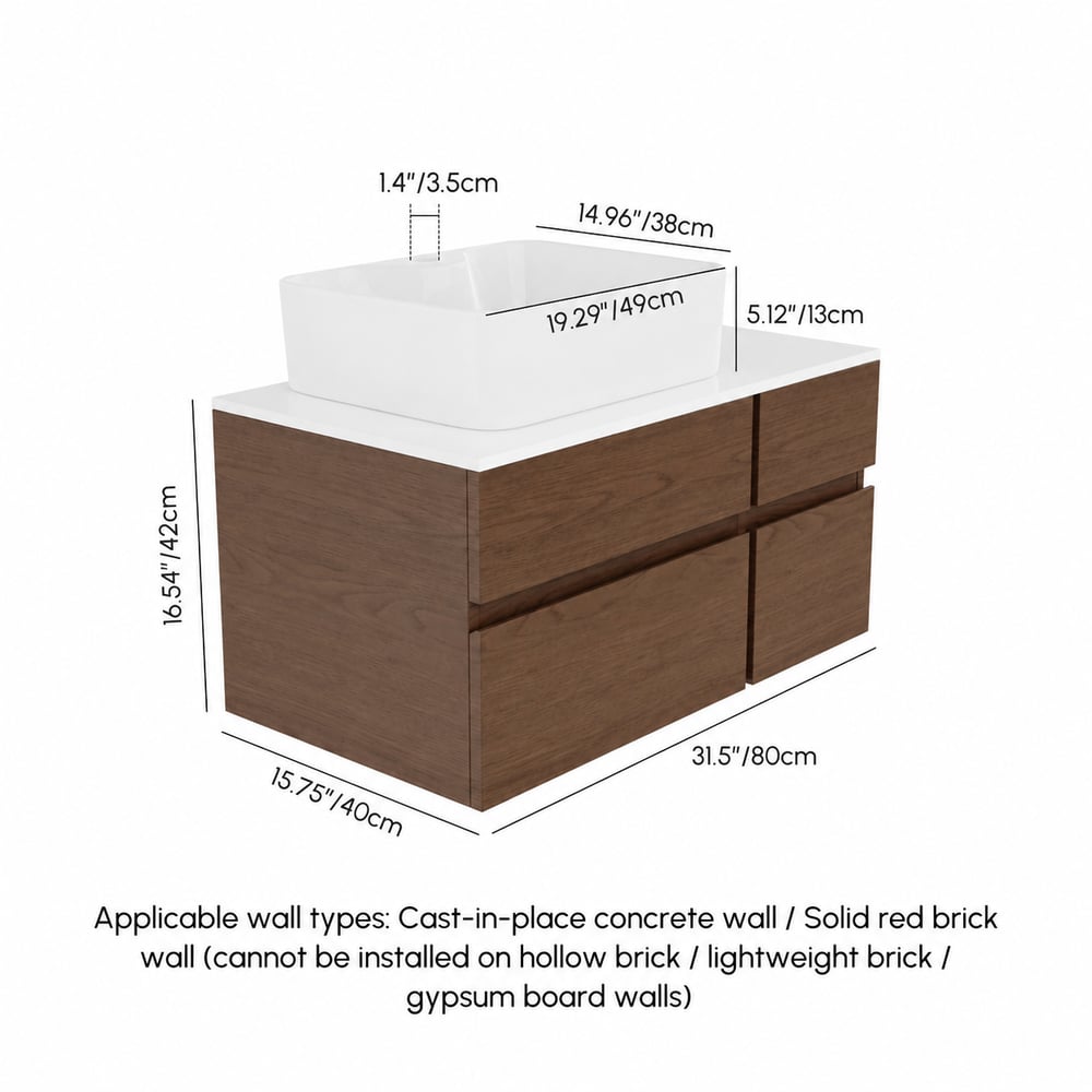 Modern 80 cm Floating Single Bathroom Vanity with Stone Resin Top, Ceramic Basin weights dimensions image
