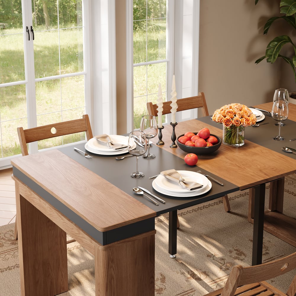 Modern 71" Extendable Walnut & Gray Wood Dining Table with Sideboard, Seats 2-4 window image