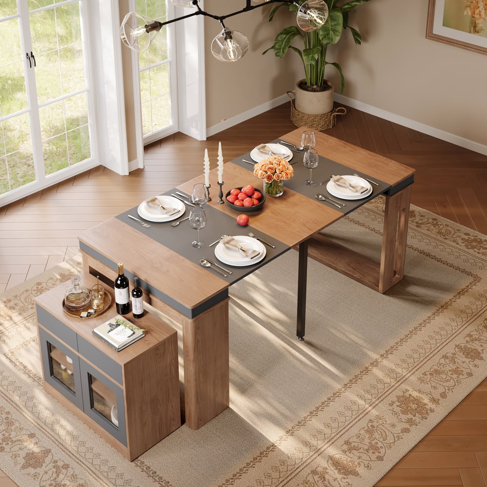 Modern 71" Extendable Walnut & Gray Wood Dining Table with Sideboard, Seats 2-4 window image