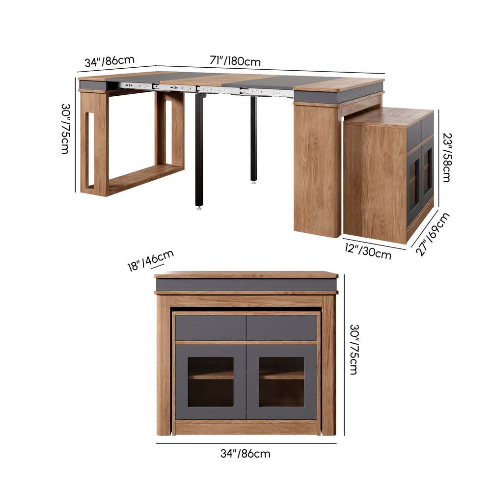 Modern 71" Extendable Walnut & Gray Wood Dining Table with Sideboard, Seats 2-4 weights dimensions image