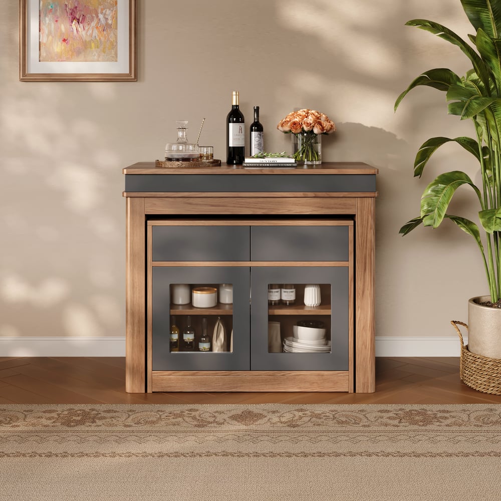 Modern 71" Extendable Walnut & Gray Wood Dining Table with Sideboard, Seats 2-4 window image