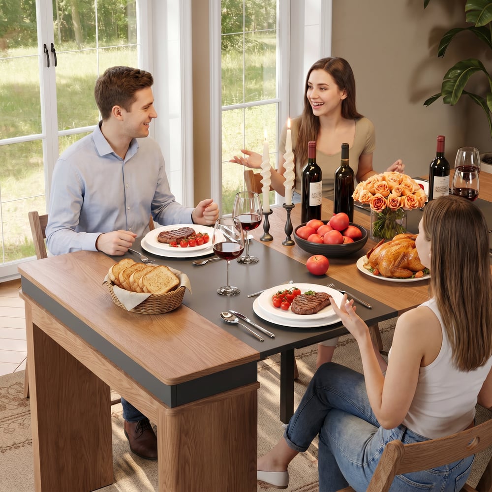 Modern 71" Extendable Walnut & Gray Wood Dining Table with Sideboard, Seats 2-4 window image