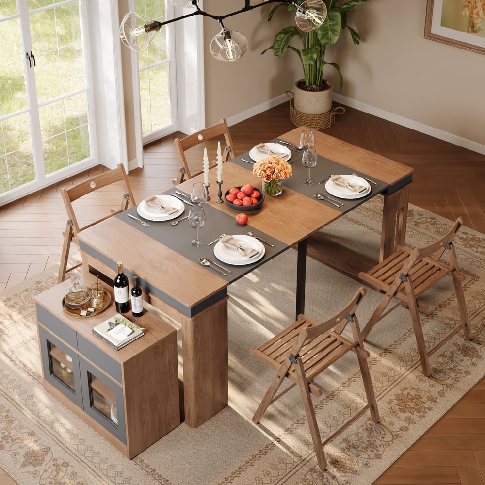 Questions and Answers for Modern 71" Extendable Walnut & Gray Wood Dining Table with Sideboard, Seats 2-4