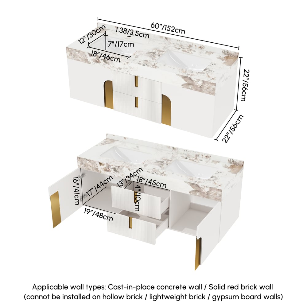 Artis 152 cm Floating Double Sink Bathroom Vanity Sintered Stone Top weights dimensions image