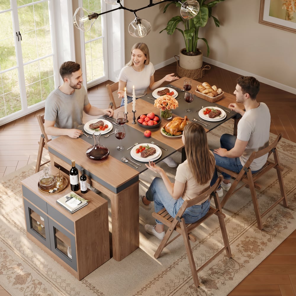 Modern 71" Extendable Walnut & Gray Wood Dining Table with Sideboard, Seats 2-4 window image