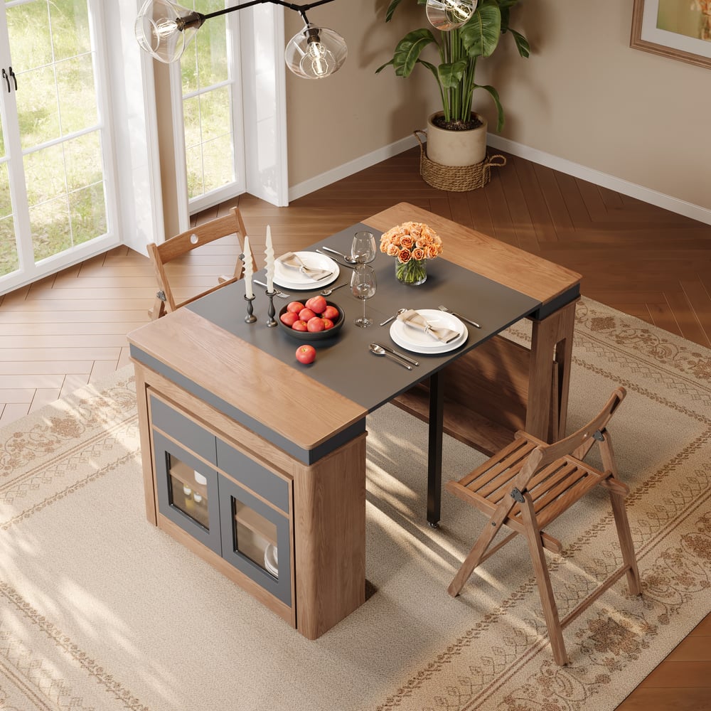 Questions and Answers for Modern 71" Extendable Walnut & Gray Wood Dining Table with Sideboard, Seats 2-4