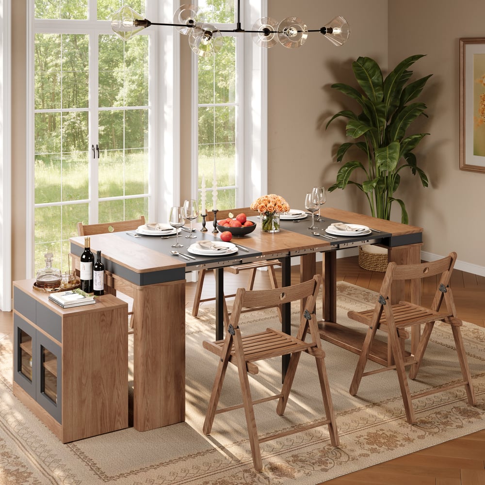 Questions and Answers for Modern 71" Extendable Walnut & Gray Wood Dining Table with Sideboard, Seats 2-4