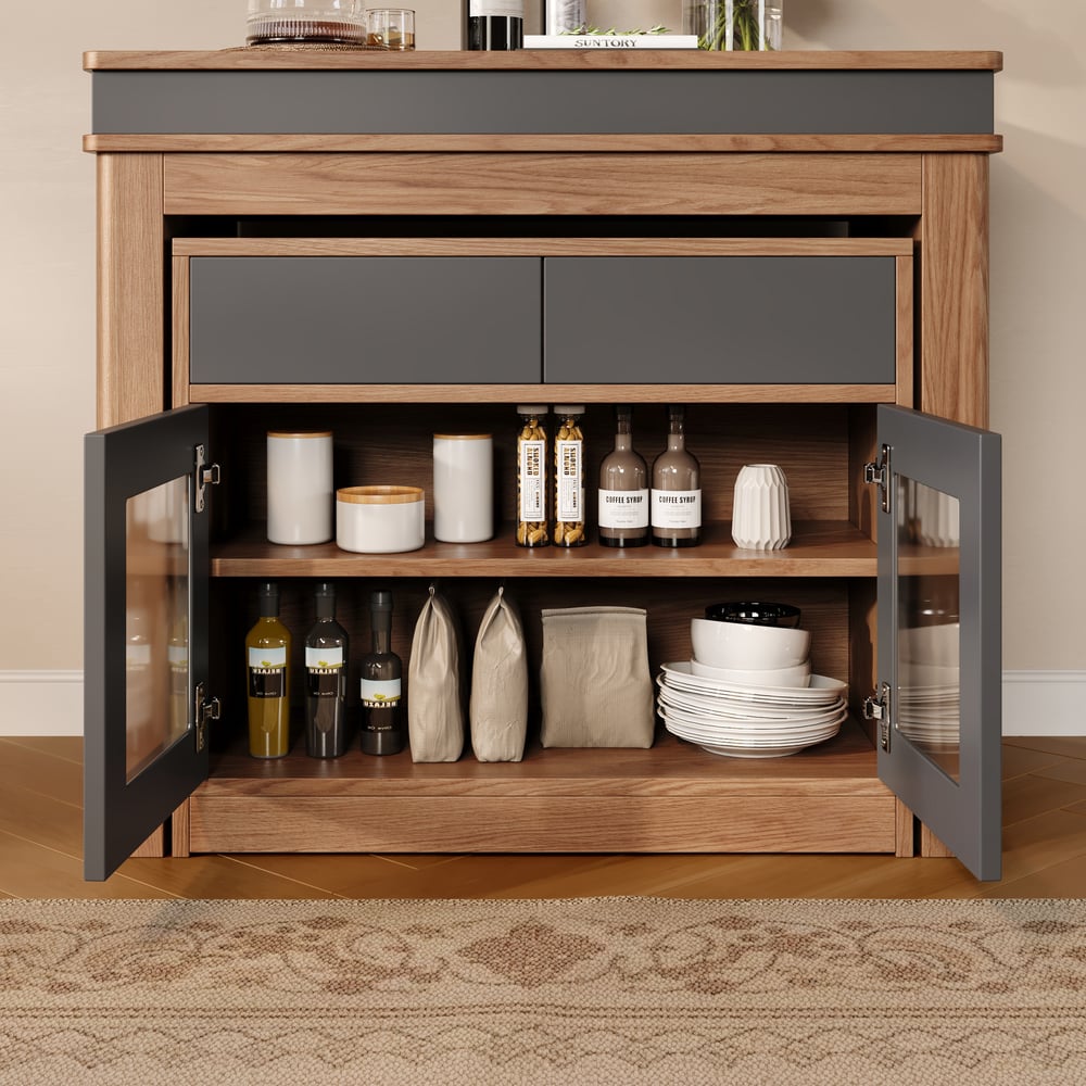 Modern 71" Extendable Walnut & Gray Wood Dining Table with Sideboard, Seats 2-4 window image