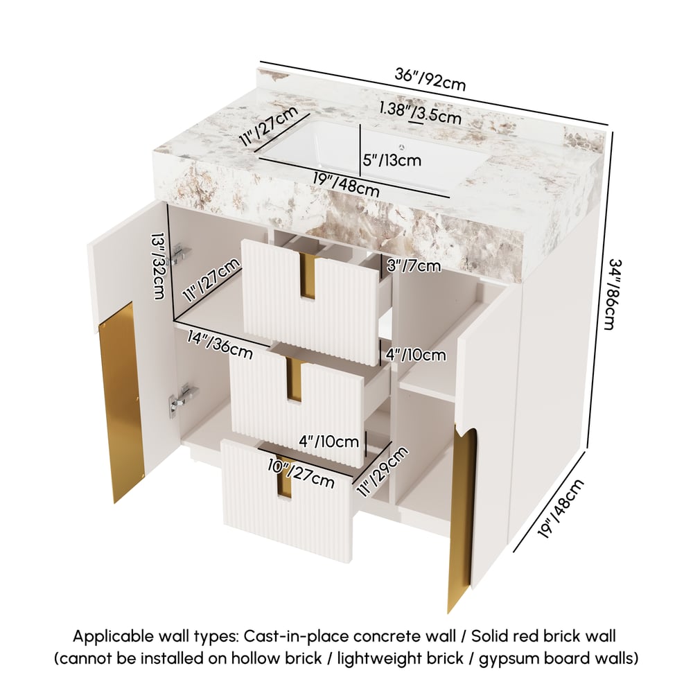 36" Artis Freestanding Bathroom Vanity Single Sink Vanity Cabinet Sintered Stone Top weights dimensions image
