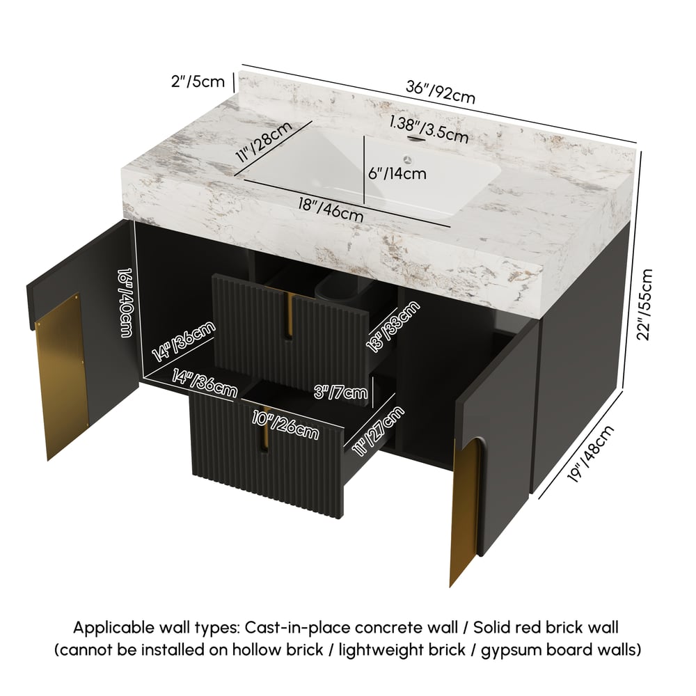Artis 90 cm Floating Single Bathroom Vanity with Sink, Sintered Stone Top, Ample Storage weights dimensions image