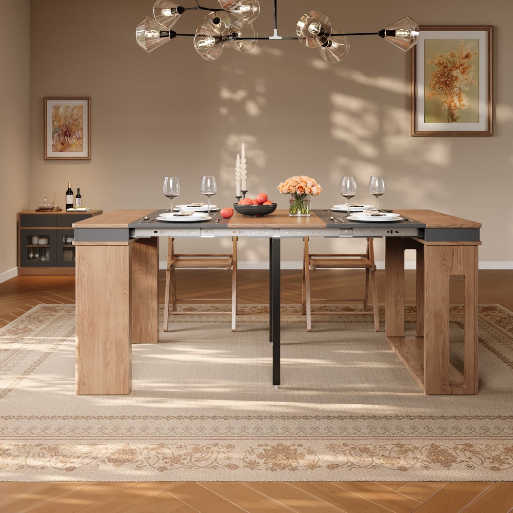 Modern 71" Extendable Walnut & Gray Wood Dining Table with Sideboard, Seats 2-4 window image