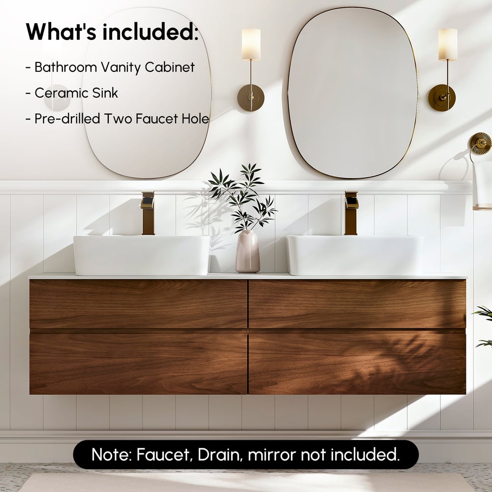 Mobile bagno sospeso moderno doppio da 150 cm con piano in resina di pietra e lavabo in ceramica Immagine della finestra