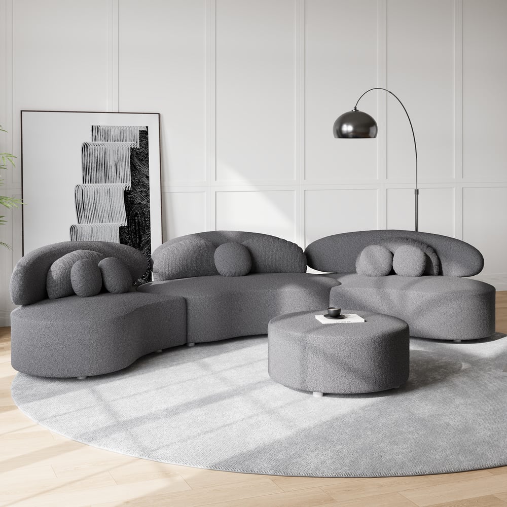 146" 4-Piece Curved Boucle Sectional Sofa with Ottoman & Pillows window image