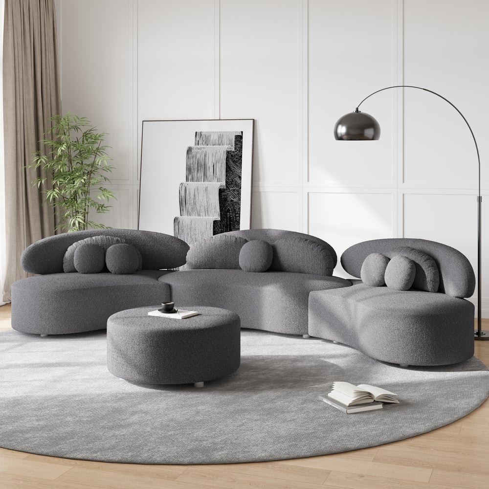 146" 4-Piece Curved Boucle Sectional Sofa with Ottoman & Pillows window image