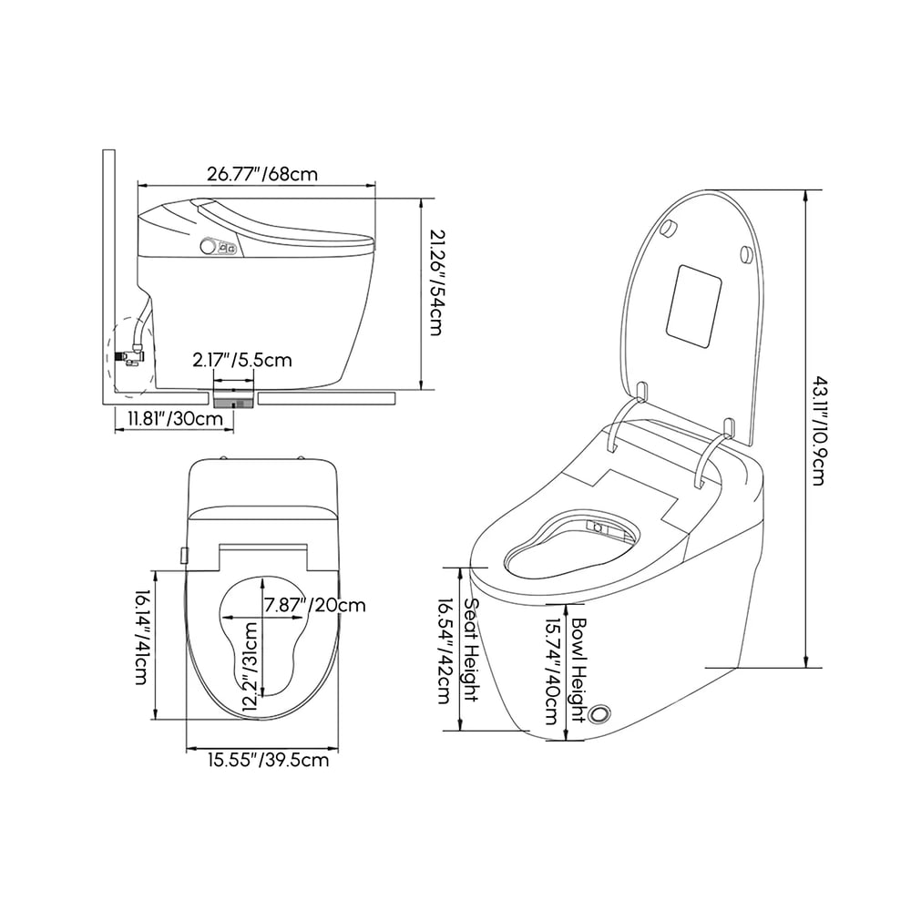 Hynova AX2 Pro Smart Bidet Toilet with Aromatherapy, White, 1.28 GPF weights dimensions image