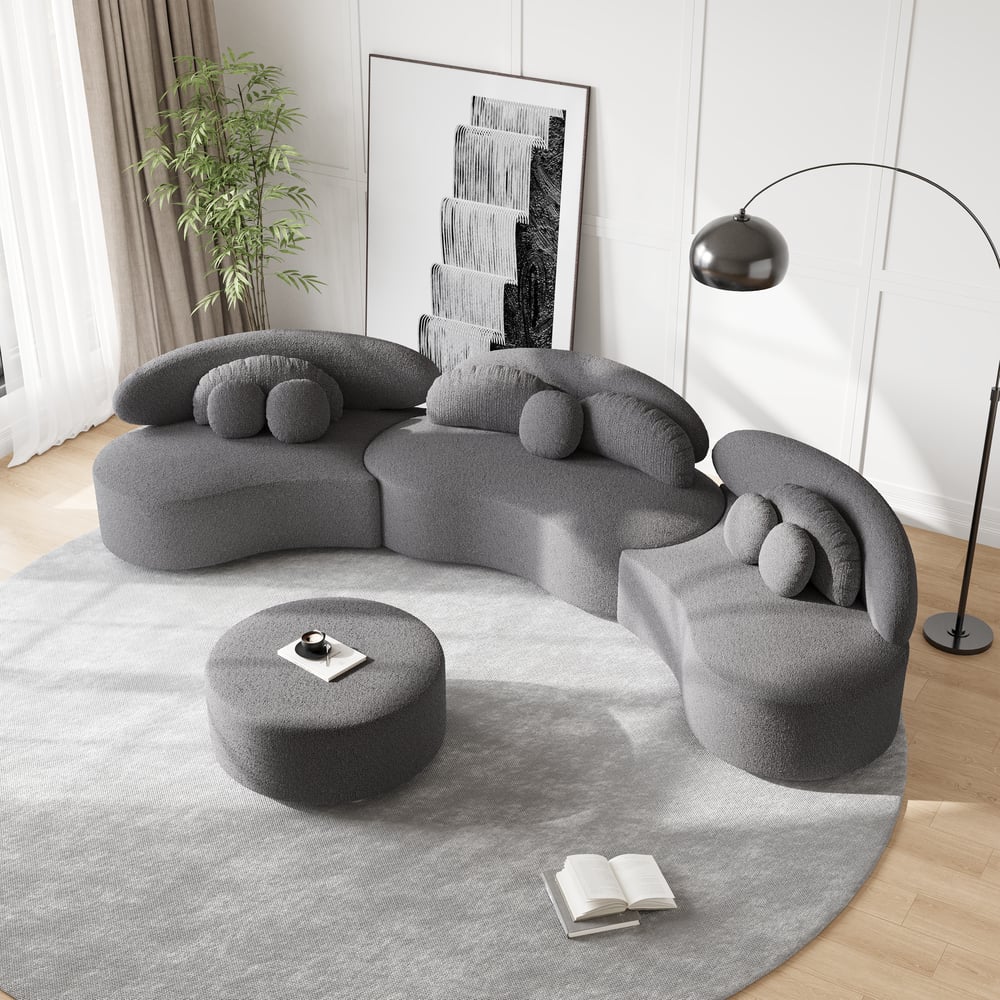 146" 4-Piece Curved Boucle Sectional Sofa with Ottoman & Pillows window image
