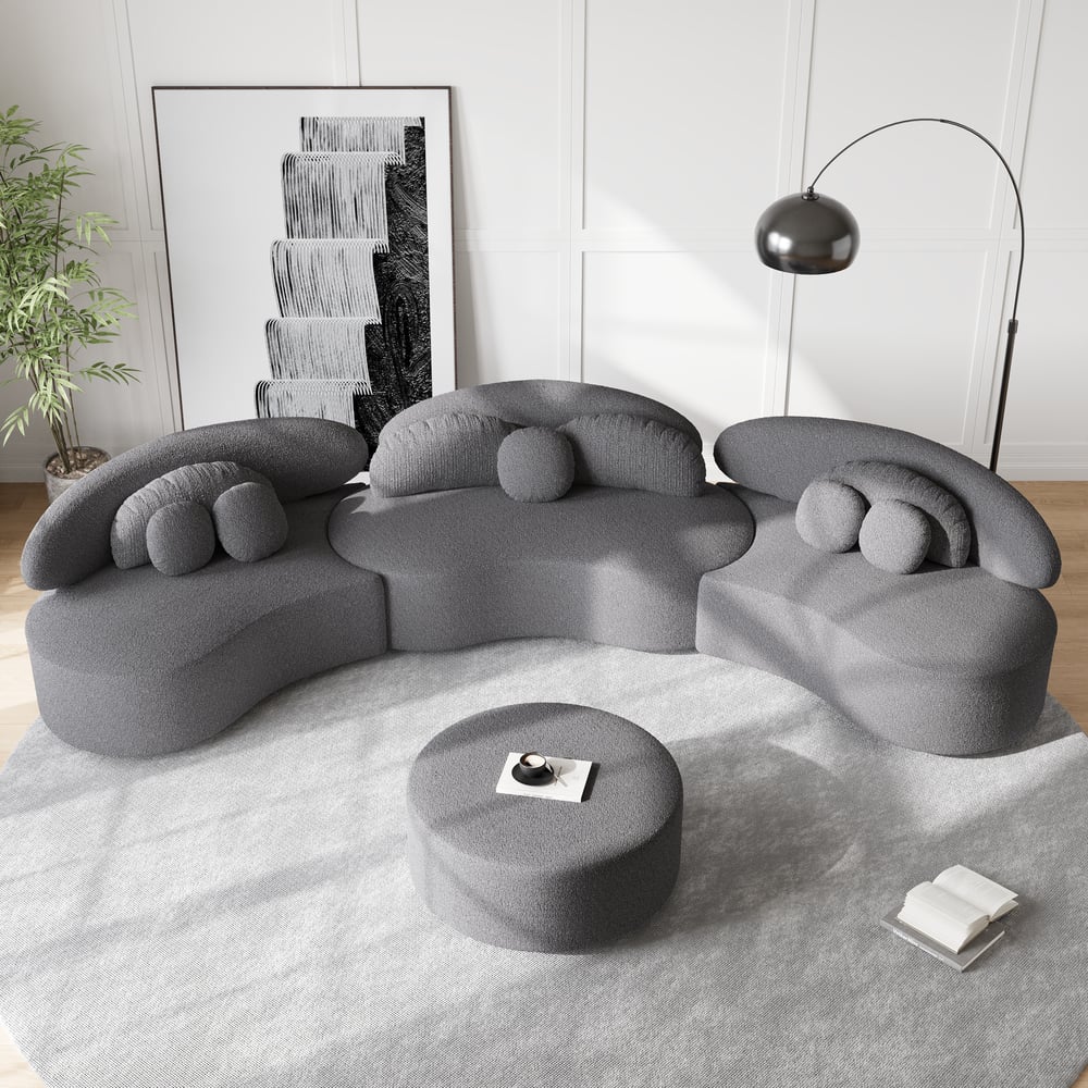 146" 4-Piece Curved Boucle Sectional Sofa with Ottoman & Pillows window image