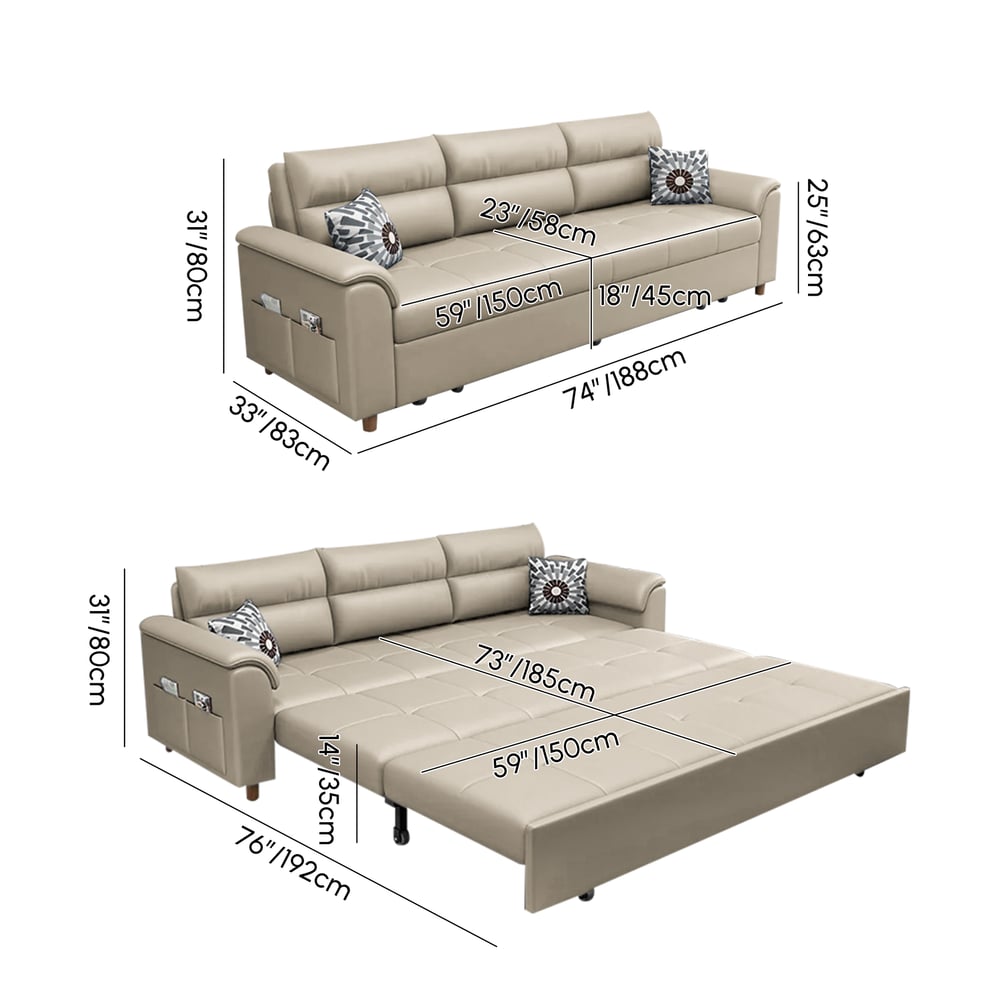 74" Full 2-Seater Faux Leather Pull-out Sleeper Sofa with Storage and Side Pockets weights dimensions image