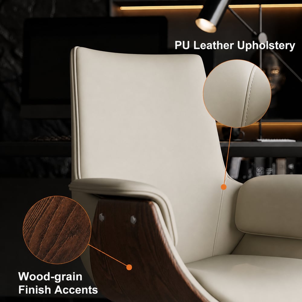 Ivory PU Leather Modern Home Office Chair Upholstered High Back Desk Chair with Wood-Grain Finish Accents window image