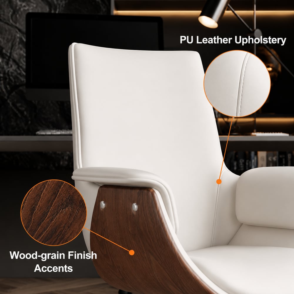 White PU Leather Modern Home Office Chair Upholstered High Back Desk Chair with Wood-Grain Finish Accents window image