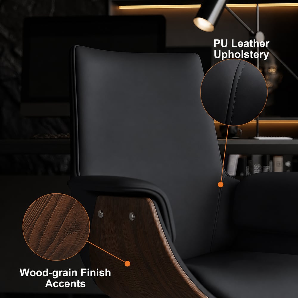 Walnut Double Desk with Drawers & 2 Black PU Leather Modern Home Office Chairs window image