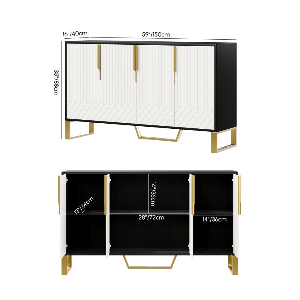 Aro 59" White & Black Wood Sideboard with  Cabinets & Adjustable Shelves weights dimensions image