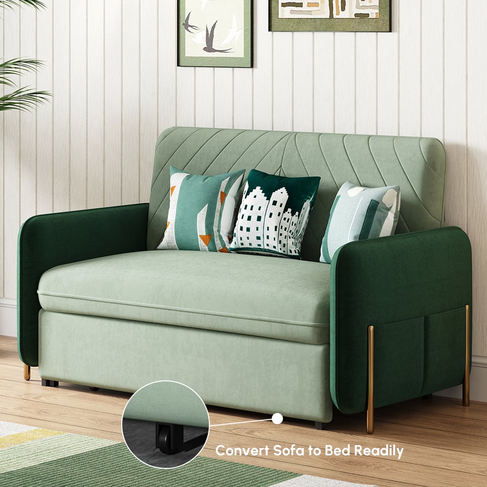 54" Twin 1-Seater Green Velvet Convertible Sleeper Sofa with Storage & Pillows window image