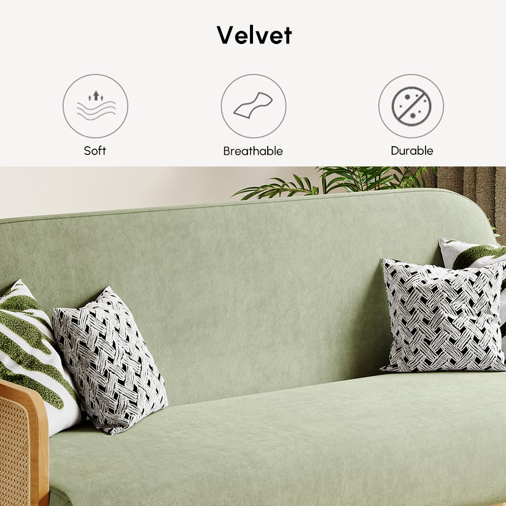2-Seater Velvet and Rattan Sofa Bed with Swivel Shelf window image