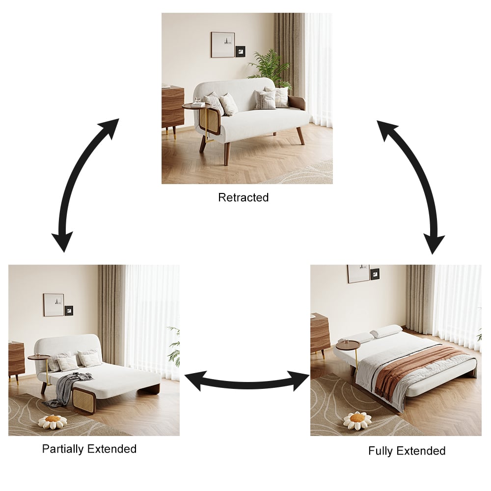 Sofá-cama de 2 Lugares de 152 cm em Veludo e Rattan com Tabuleiro Rotativo Imagem da janela