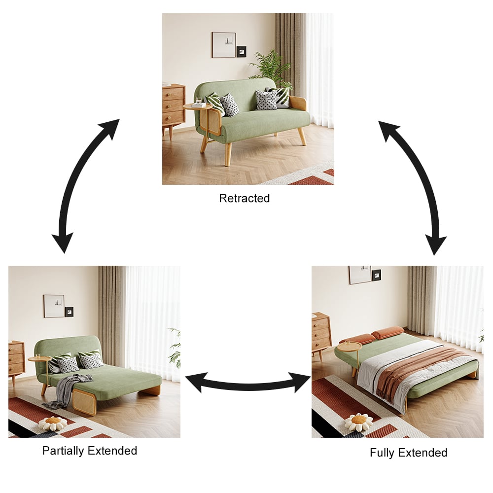 152 cm 2-Seater Velvet & Rattan Pull-out Sofa Sofa with Rotating Tray window image