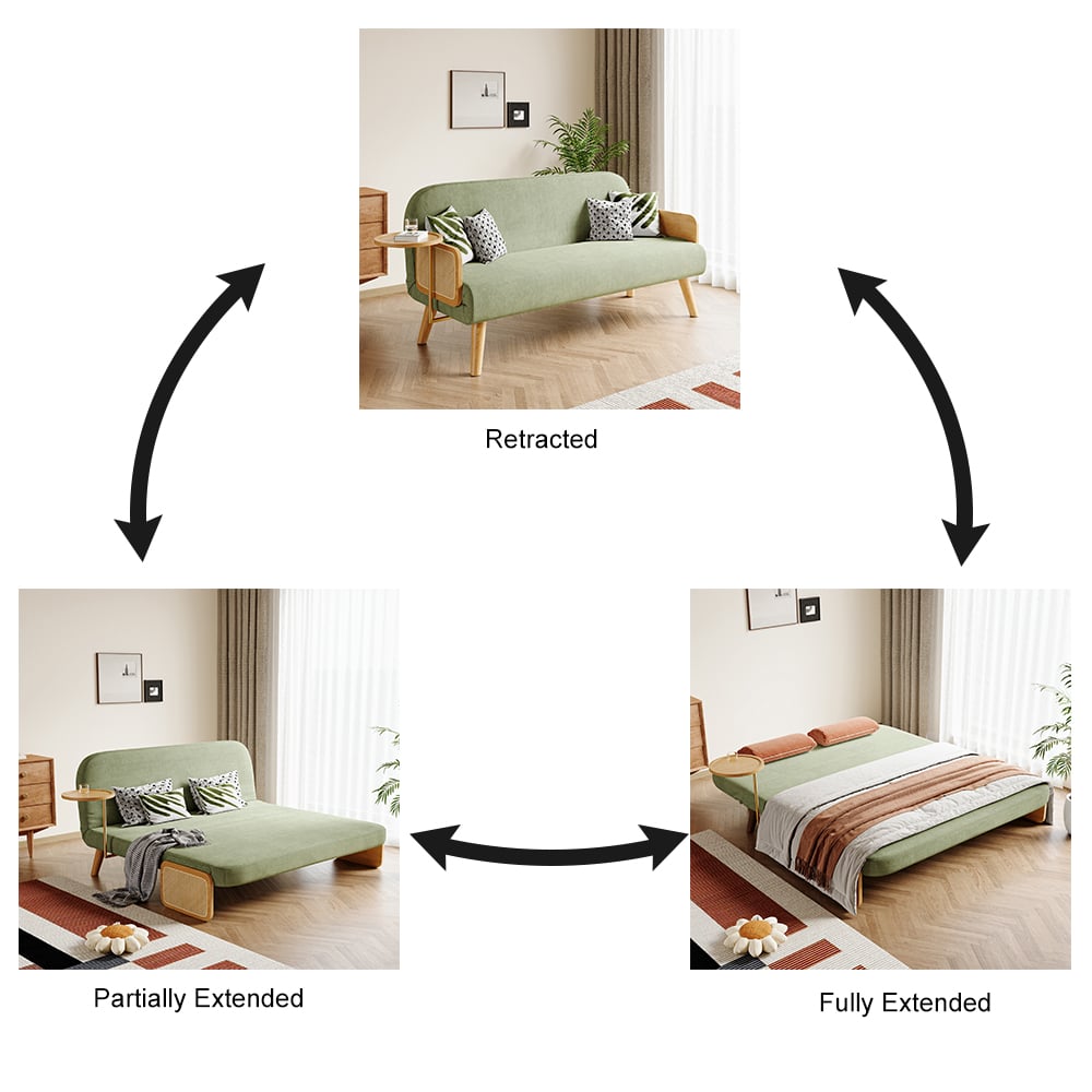 2-Seater Velvet and Rattan Sofa Bed with Swivel Shelf window image
