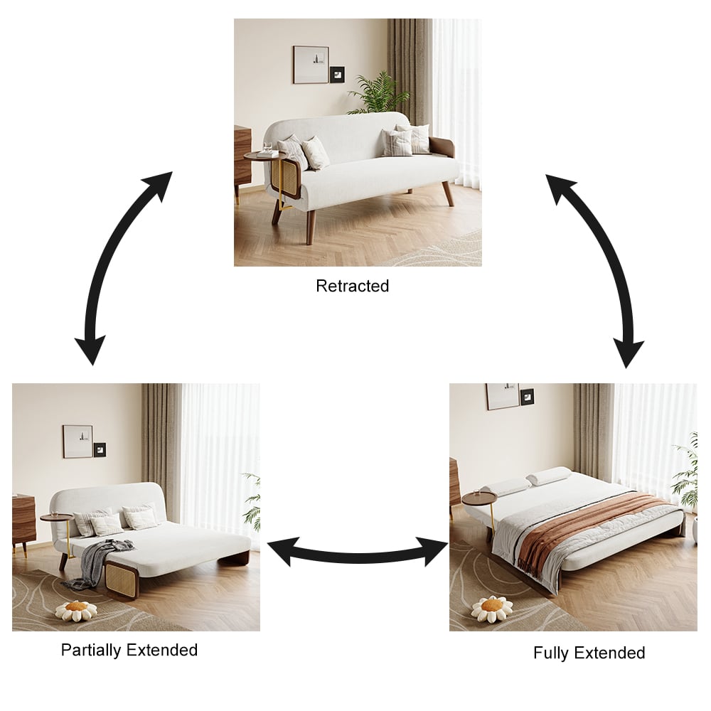 2-Sitzer Schlafsofa aus Samt und Rattan mit drehbarer Ablage Schaufensterbilder