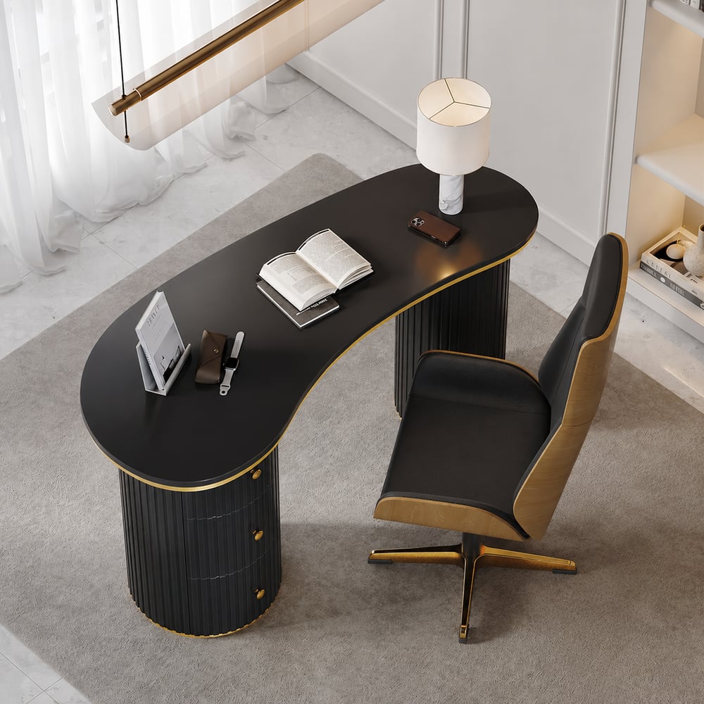 Matte Black Curved Wooden Office Desk & Adjustable Swivel Executive Chair in Black window image