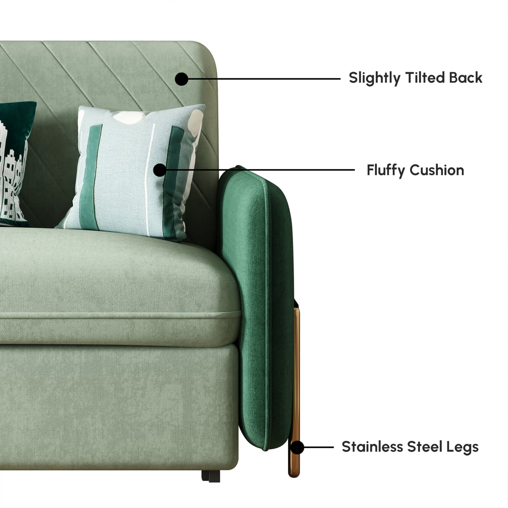 54" Twin 1-Seater Green Velvet Convertible Sleeper Sofa with Storage & Pillows window image
