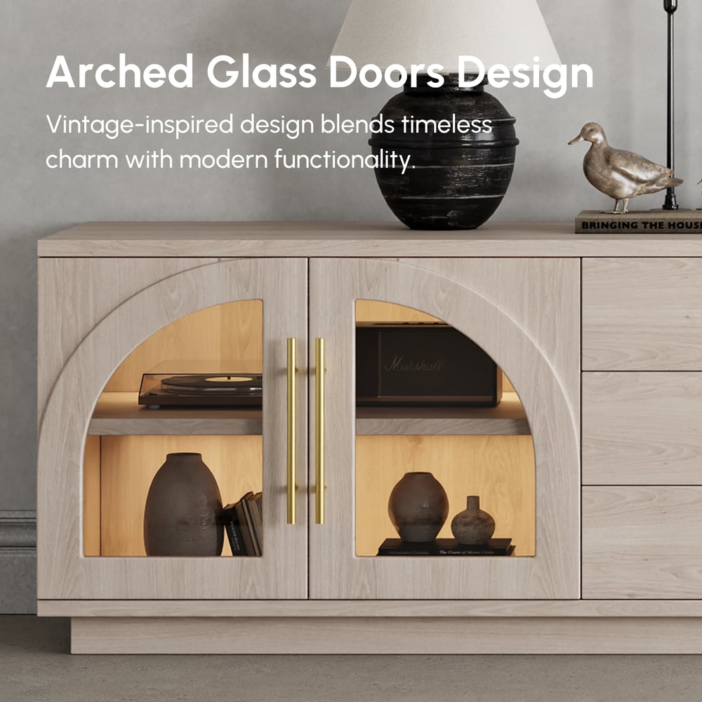 Arune 72" Arched Glass Doors TV Stand with Storage and LED window image