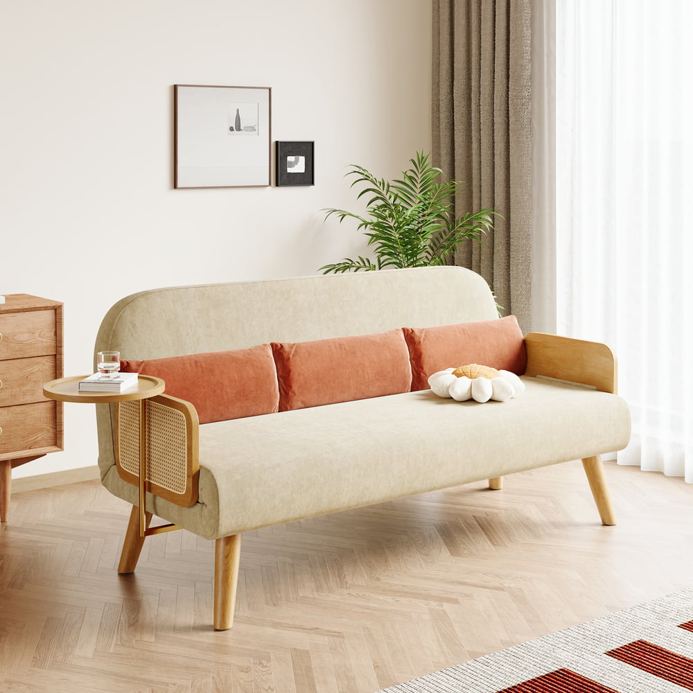 183 cm 2-Seater Cotton & Linen Pull-out Sofa Sofa with Rotating Tray window image