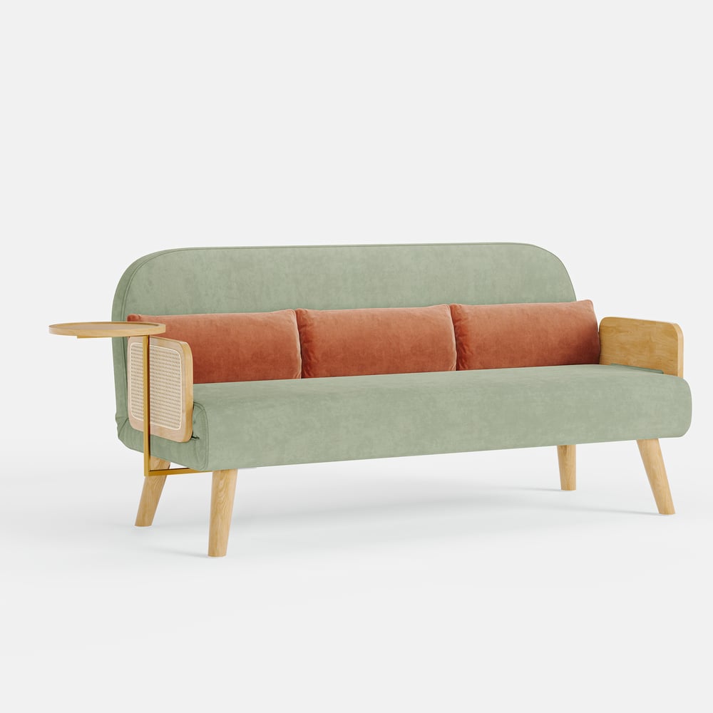 2-Seater Velvet and Rattan Sofa Bed with Swivel Shelf window image