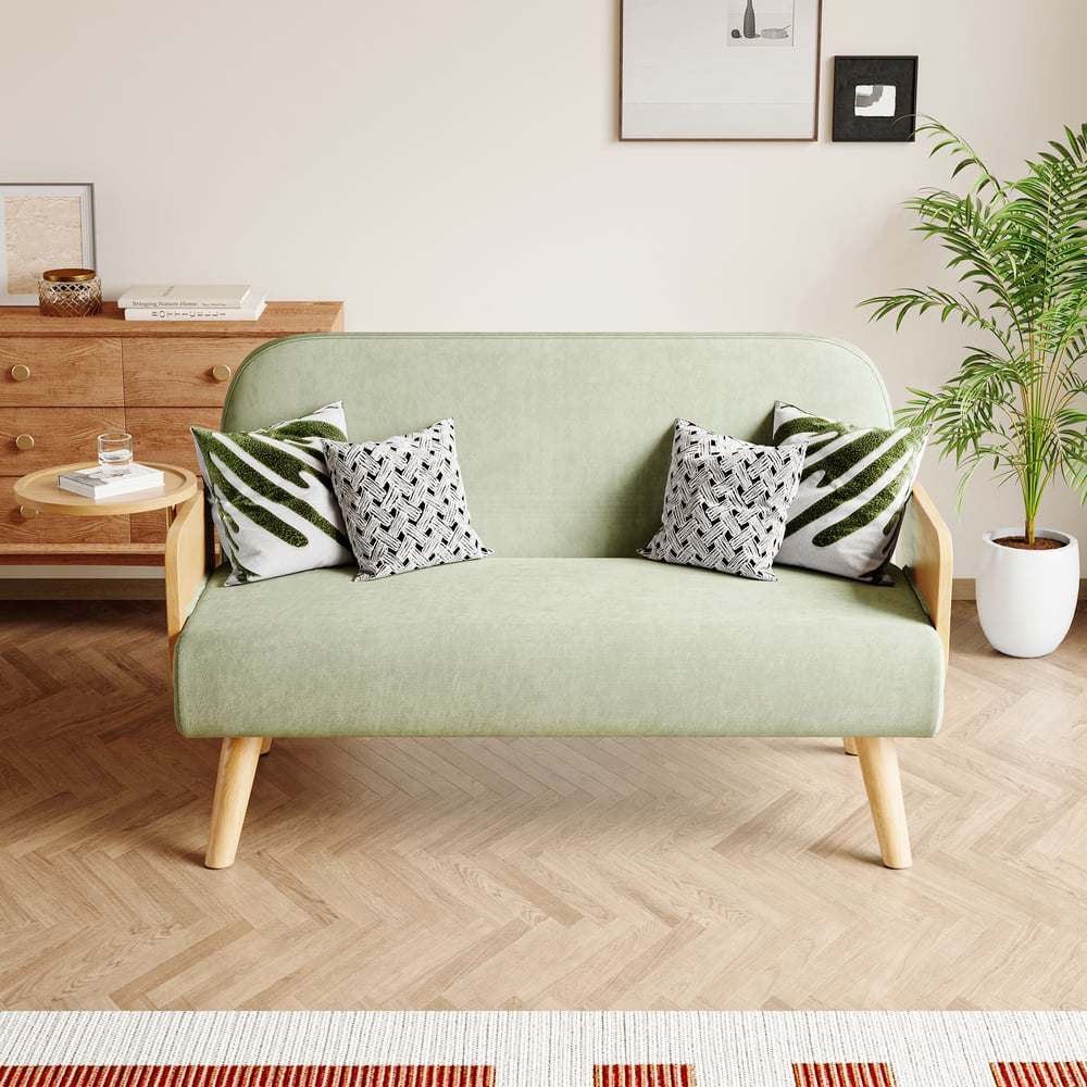 152 cm 2-Seater Velvet & Rattan Pull-out Sofa Sofa with Rotating Tray window image