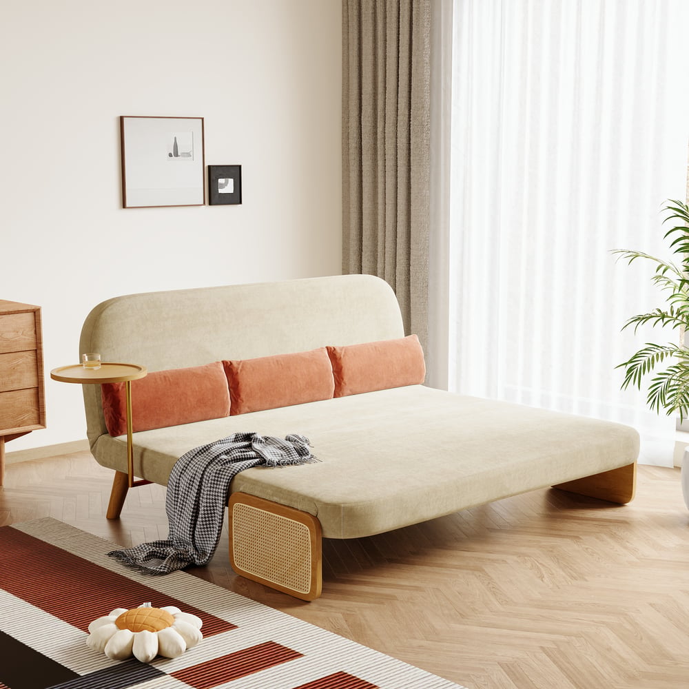 183 cm 2-Seater Cotton & Linen Pull-out Sofa Sofa with Rotating Tray window image