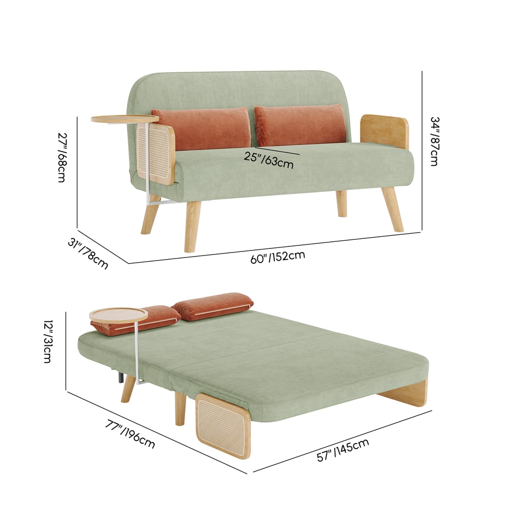 152 cm 2-Seater Velvet & Rattan Pull-out Sofa Sofa with Rotating Tray weights dimensions image