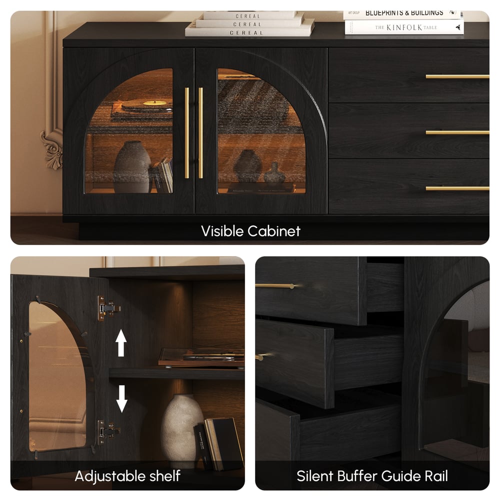 Arune 72" Arched Glass Doors TV Stand with Storage and LED window image