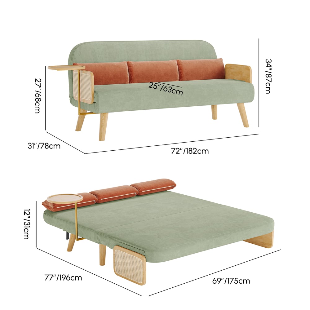 2-Seater Velvet and Rattan Sofa Bed with Swivel Shelf weights dimensions image