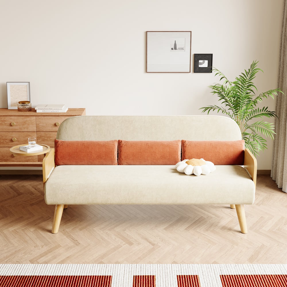 183 cm 2-Seater Cotton & Linen Pull-out Sofa Sofa with Rotating Tray window image