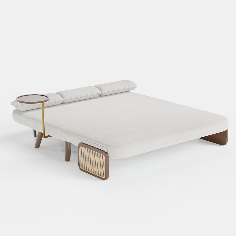 2-Sitzer Schlafsofa aus Samt und Rattan mit drehbarer Ablage Schaufensterbilder