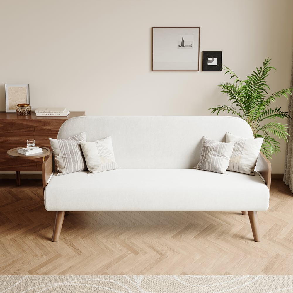 2-Sitzer Schlafsofa aus Samt und Rattan mit drehbarer Ablage Schaufensterbilder