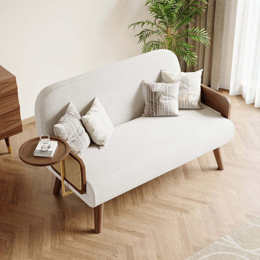 Sofá-cama de 2 Lugares de 152 cm em Veludo e Rattan com Tabuleiro Rotativo Imagem da janela
