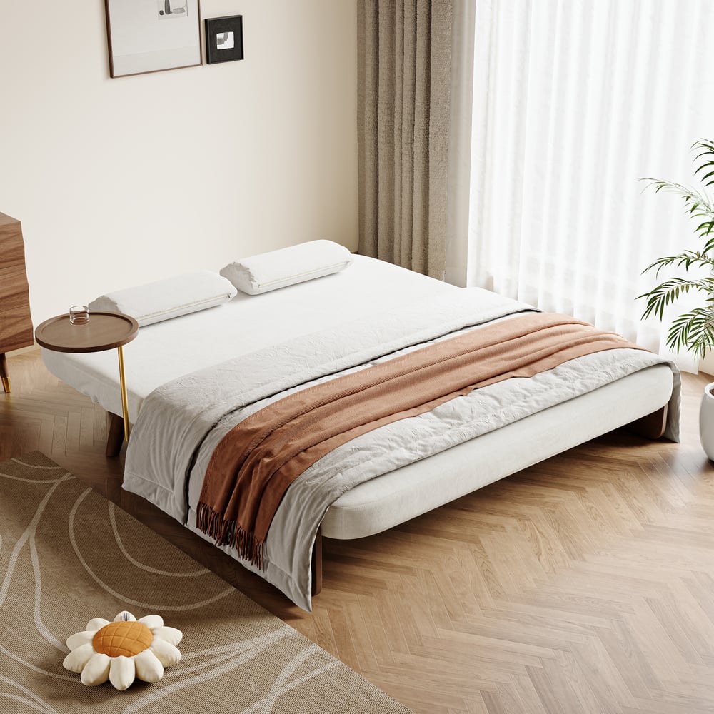 2-Sitzer Schlafsofa aus Samt und Rattan mit drehbarer Ablage Schaufensterbilder