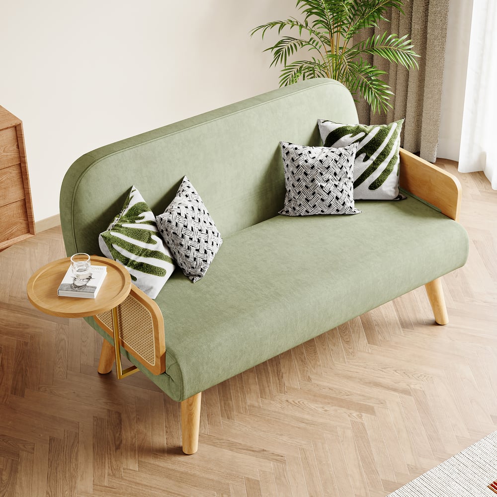 152 cm 2-Seater Velvet & Rattan Pull-out Sofa Sofa with Rotating Tray window image